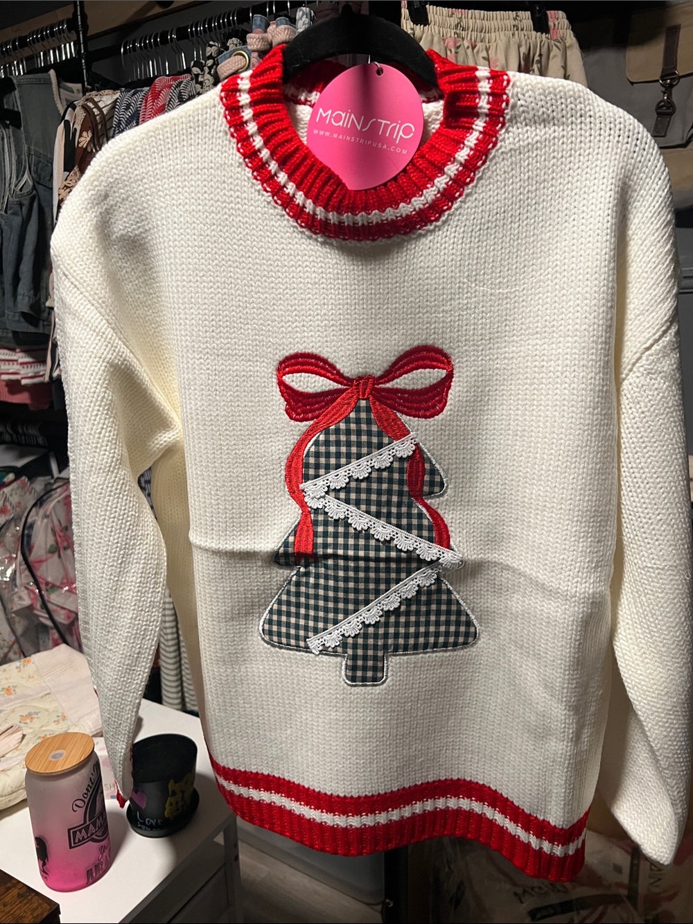Main Strip Cream Sweater with Red Trim & Plaid Tree Applique